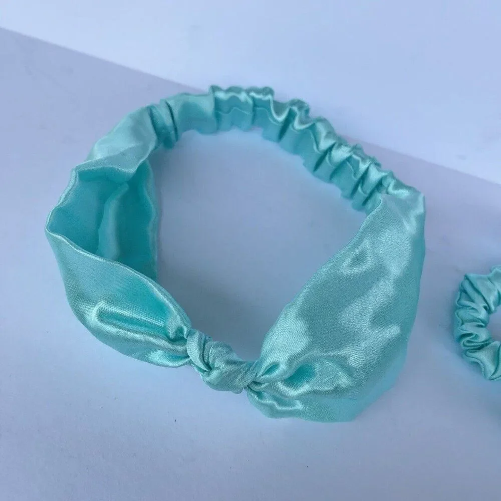 2 New Stin Women Girls Bow Headband Hair Tie Blue Satin